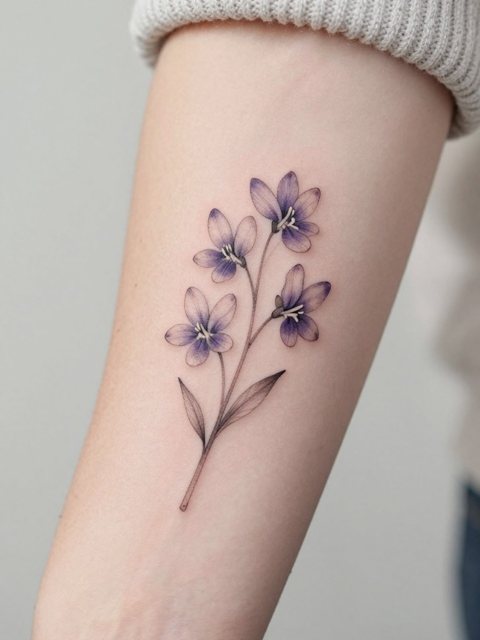 Image Prompt: "Extreme close-up of a fine line February birth flower violet tattoo on the forearm, delicate black ink floral design with soft rounded petals, slender stem, subtle grey shading, realistic skin texture, neutral manicure, soft knit sleeve slightly visible, design-focused close-up, feminine modern tattoo inspiration photo, minimal soft background, tattoo is the clear main subject (no watermarks on images)"