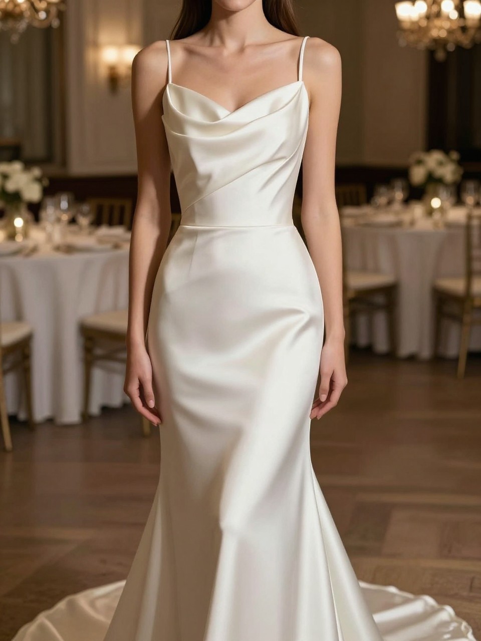 Image Prompt: A high-end bridal editorial image of a silk wedding dress with a draped cowl back in a refined bridal suite or elegant reception venue. Show the bride from the neck down only, or from a rear three-quarter angle so the face is fully hidden. The gown has a smooth silk finish, delicate straps, a softly draped cowl back, and a slim skirt with a light train. Use warm editorial lighting, realistic silk drape, luxury bridal magazine styling, no visible face, no text, no watermark. (no watermarks on images)