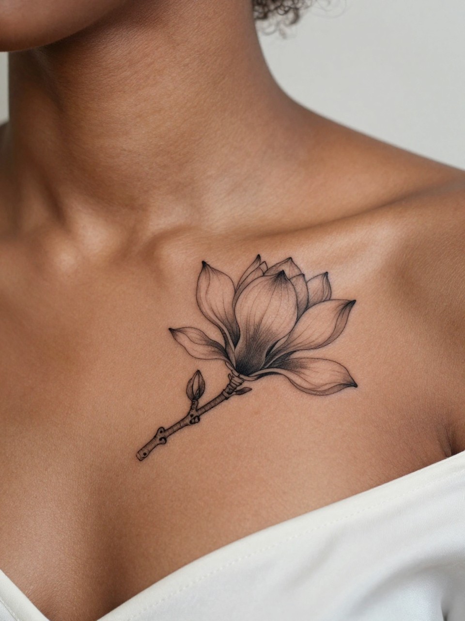 Image Prompt: "Design-focused close-up of a small magnolia flower tattoo on the collarbone of a black woman, black ink fine line design with delicate broad petals, soft shading, realistic skin texture, silk blouse neckline barely visible, feminine clean composition, close-up tattoo visibility, soft minimal background, tattoo is the clear hero (no watermarks on images)"