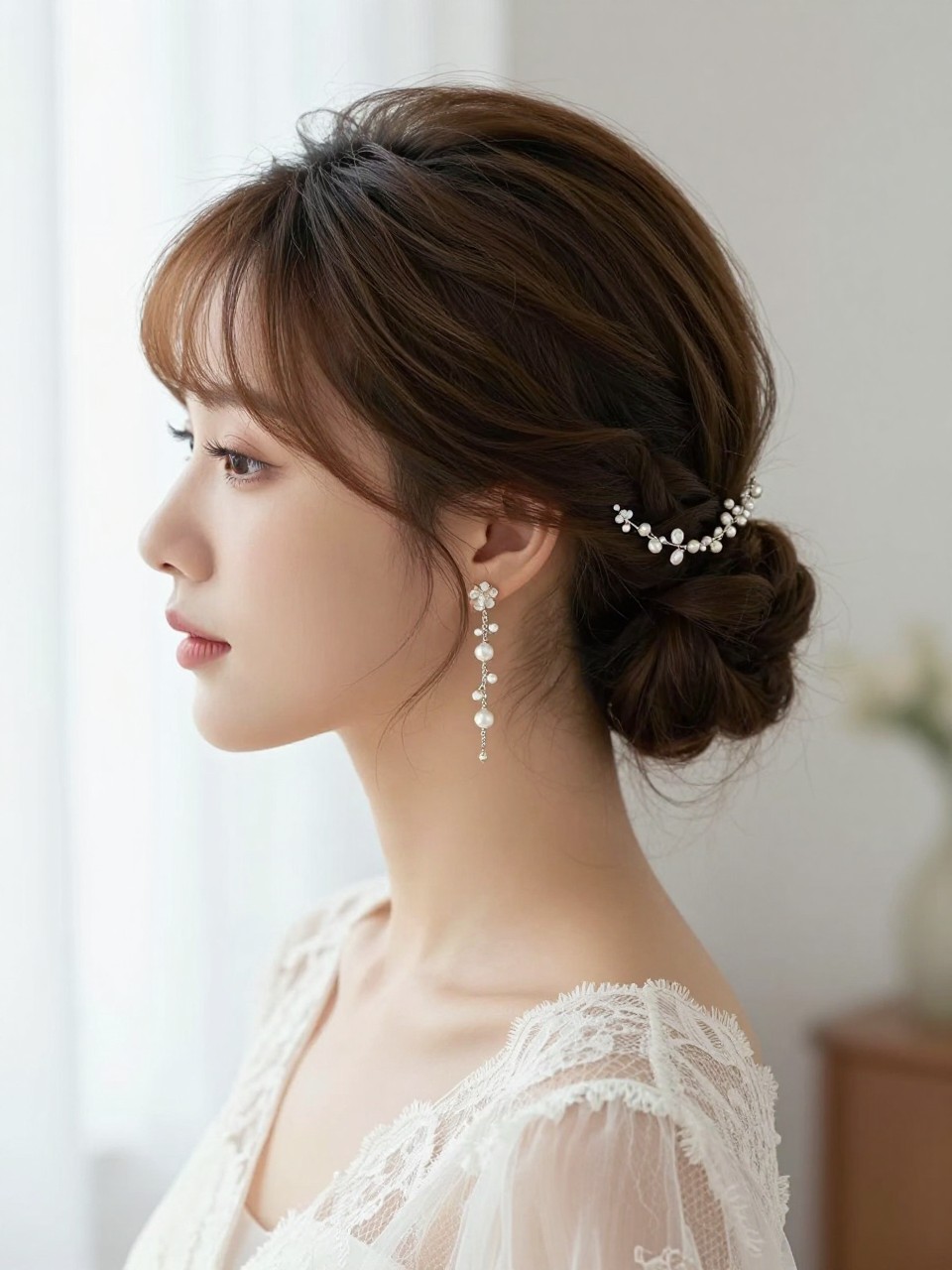 A realistic romantic hairstyle portrait showing a twisted low updo with soft texture and neat volume, a floral-inspired earring chain with tiny stones and pearl details connected into the twisted section above the ear, soft bridal makeup, lace or chiffon dress, airy indoor light, elegant editorial beauty photo, no text, no watermark, no watermarks on images.