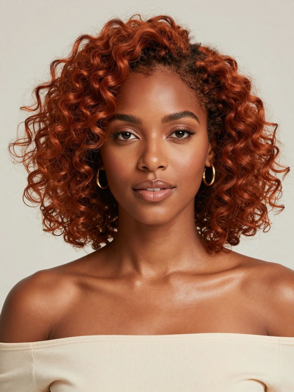 Image Prompt: A beautiful Black woman with shoulder-length natural curls dyed a soft copper ginger shade, defined spiral curls with healthy shine and soft volume, warm medium-deep brown skin, softly shaped brows, glossy nude lips, subtle bronzed makeup, small gold hoop earrings, cream off-shoulder top, clean neutral studio background, soft diffused lighting, close-up beauty editorial photography, highly realistic DSLR photo, crisp texture in the curls, flattering warm tones, no text, (no watermarks on images)