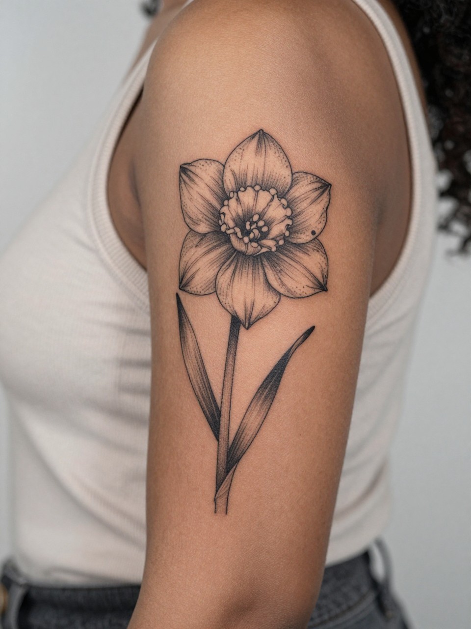 Image Prompt: "Extreme close-up of a narcissus flower tattoo with soft dotwork accents on the upper arm of black feminine woman, black ink fine line floral design, layered petals, subtle dotwork detail, light shading, realistic skin texture, sleeveless neutral top softly visible, feminine lifestyle-inspired tattoo image, minimal clean background, tattoo is the main focus (no watermarks on images)"