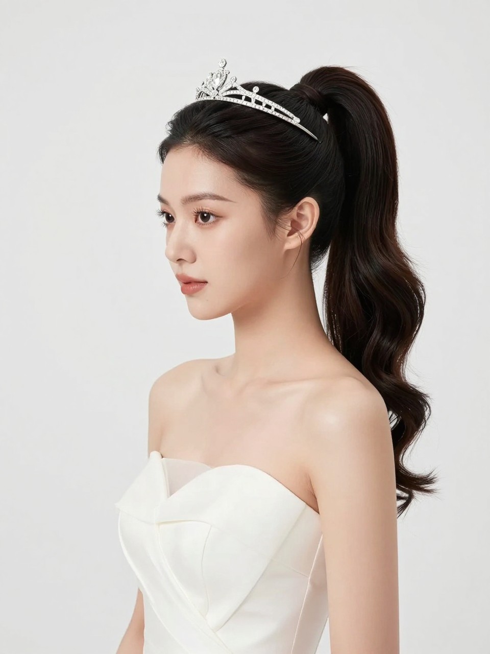 A photorealistic modern bridal hairstyle showing a sleek high ponytail with curled ends, smooth crown, a slim modern crystal tiara placed at the front, dark glossy hair, strapless structured wedding gown, clean bridal glam makeup, luxury white studio background, stylish editorial wedding photography, no text, no watermark, no watermarks on images.