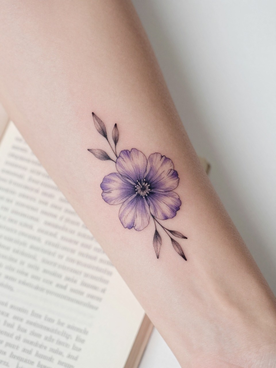 Image Prompt: "Close-up of a violet flower tattoo with tiny handwritten name script on the inner forearm, black ink fine line floral design, delicate rounded petals, soft shading, elegant cursive detail, realistic skin texture, book page underneath the arm, feminine soft lifestyle context, clean background, tattoo-centered inspiration photo (no watermarks on images)"