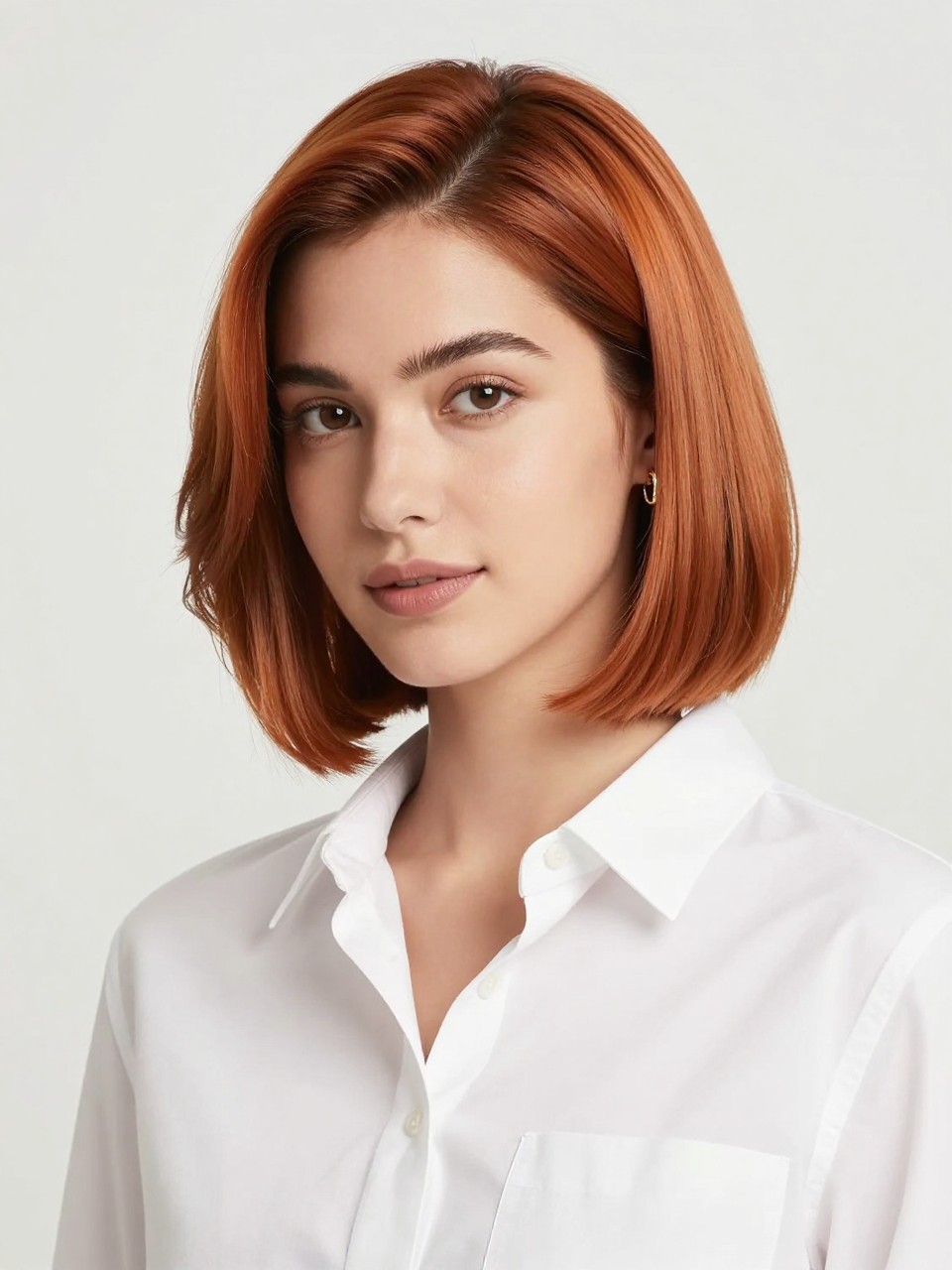Image Prompt: A pretty woman with a chin-length bob dyed cinnamon fox tail, warm cinnamon brown roots blending into soft copper and ginger ends, smooth rounded bob shape, side part, medium-brown skin, fresh natural makeup, small gold earrings, white button-up shirt, bright clean studio background, soft flattering lighting, realistic beauty editorial photography, crisp shine and bob shape, no text, (no watermarks on images)