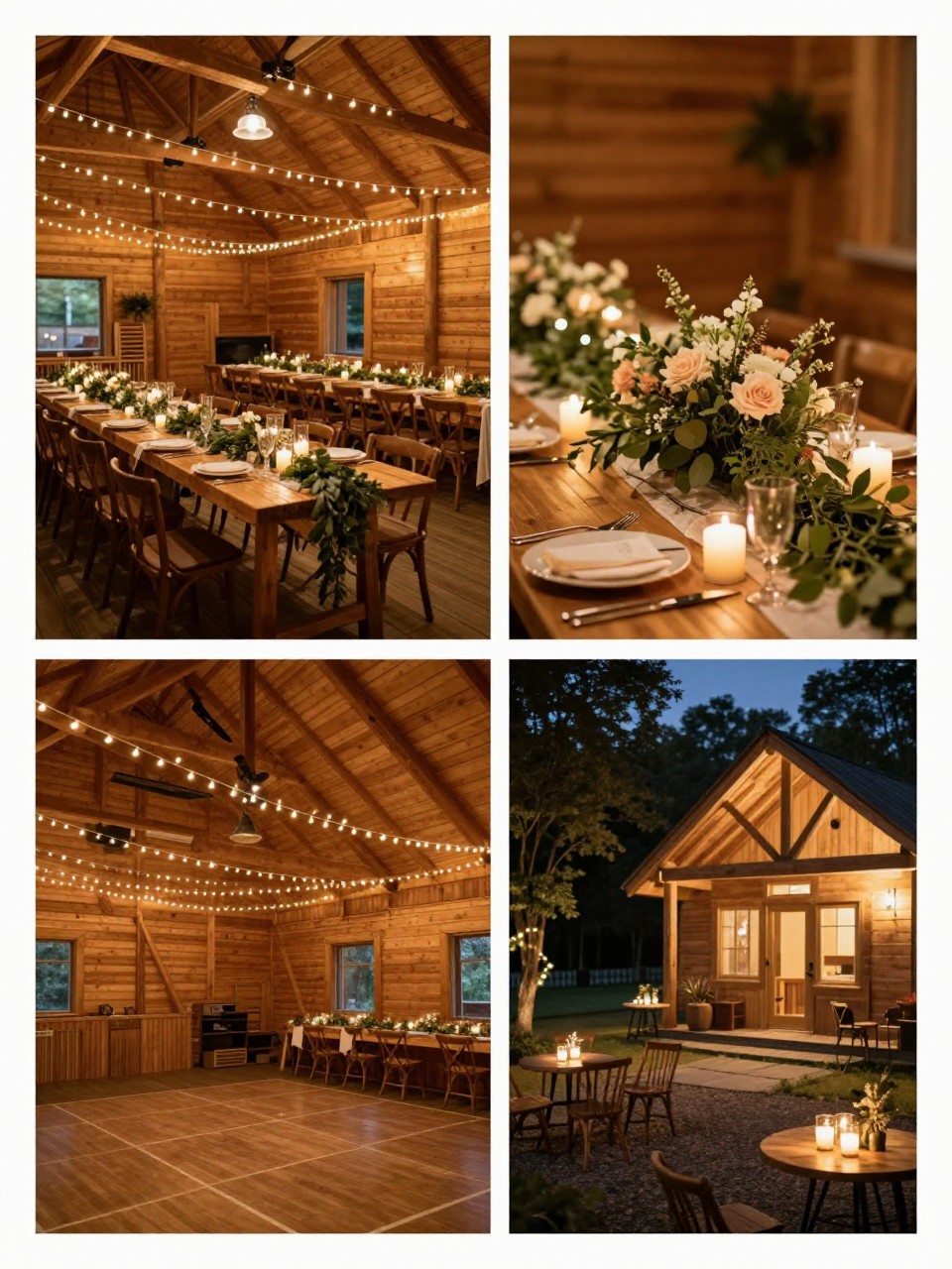 A professional 4-grid wedding decor collage showing a string light cabin wedding reception, top-left image featuring a wooden cabin reception room with string lights across the ceiling, long tables, greenery, and candles, top-right image showing close-up warm lights above floral table decor, bottom-left image showing a dance floor framed with string lights and wooden beams, bottom-right image showing an outdoor cabin patio with glowing lights and small round tables, cozy rustic wedding decor, no faces, no watermarks on images.