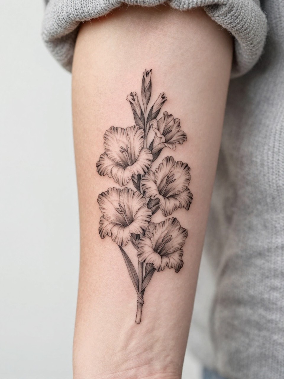 Image Prompt: "Extreme close-up of a small gladiolus bouquet tattoo on the forearm, black ink fine line floral design with multiple delicate blooms, soft shading, elegant stem arrangement, realistic skin texture, neutral manicure, soft knit fabric slightly visible, design-focused tattoo inspiration photo, clean minimal background (no watermarks on images)"