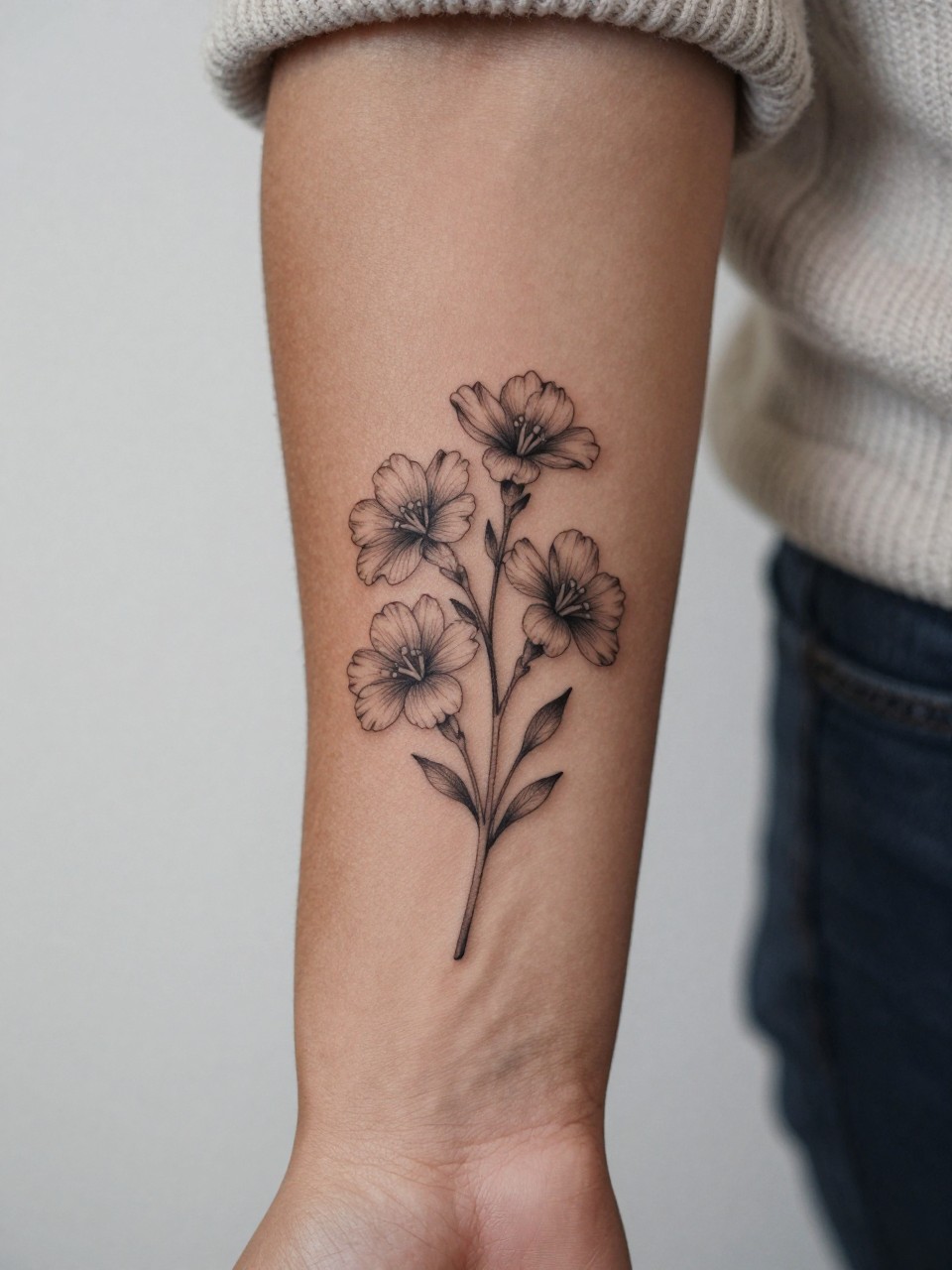 Image Prompt: "Extreme close-up of a small sampaguita bouquet tattoo on dark skin on the forearm, black ink fine line floral design with multiple delicate blooms, soft shading, elegant stem arrangement, realistic skin texture, neutral manicure, soft knit fabric slightly visible, design-focused tattoo inspiration photo, clean minimal background (no watermarks on images)"
