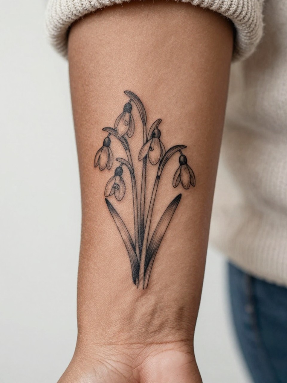 Image Prompt: "Extreme close-up of a small snowdrop bouquet tattoo on the forearm of a black woman, black ink fine line floral design with multiple delicate hanging blooms, soft shading, elegant stem arrangement, realistic skin texture, neutral manicure, soft knit fabric slightly visible, design-focused tattoo inspiration photo, clean minimal background (no watermarks on images)"