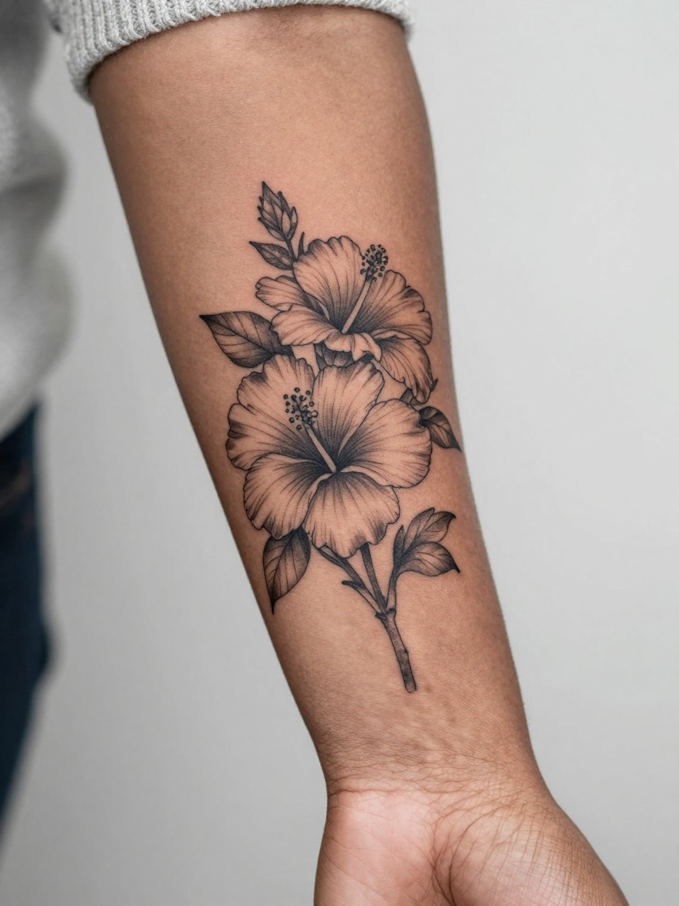 Image Prompt: "Extreme close-up of a small hibiscus bouquet tattoo on the forearm of a black woman, black ink fine line floral design with multiple open blooms, soft grey shading, elegant stem arrangement, realistic skin texture, neutral manicure, soft knit sleeve slightly visible, design-focused tattoo inspiration photo, clean minimal background, tattoo fills most of the visual focus (no watermarks on images)"