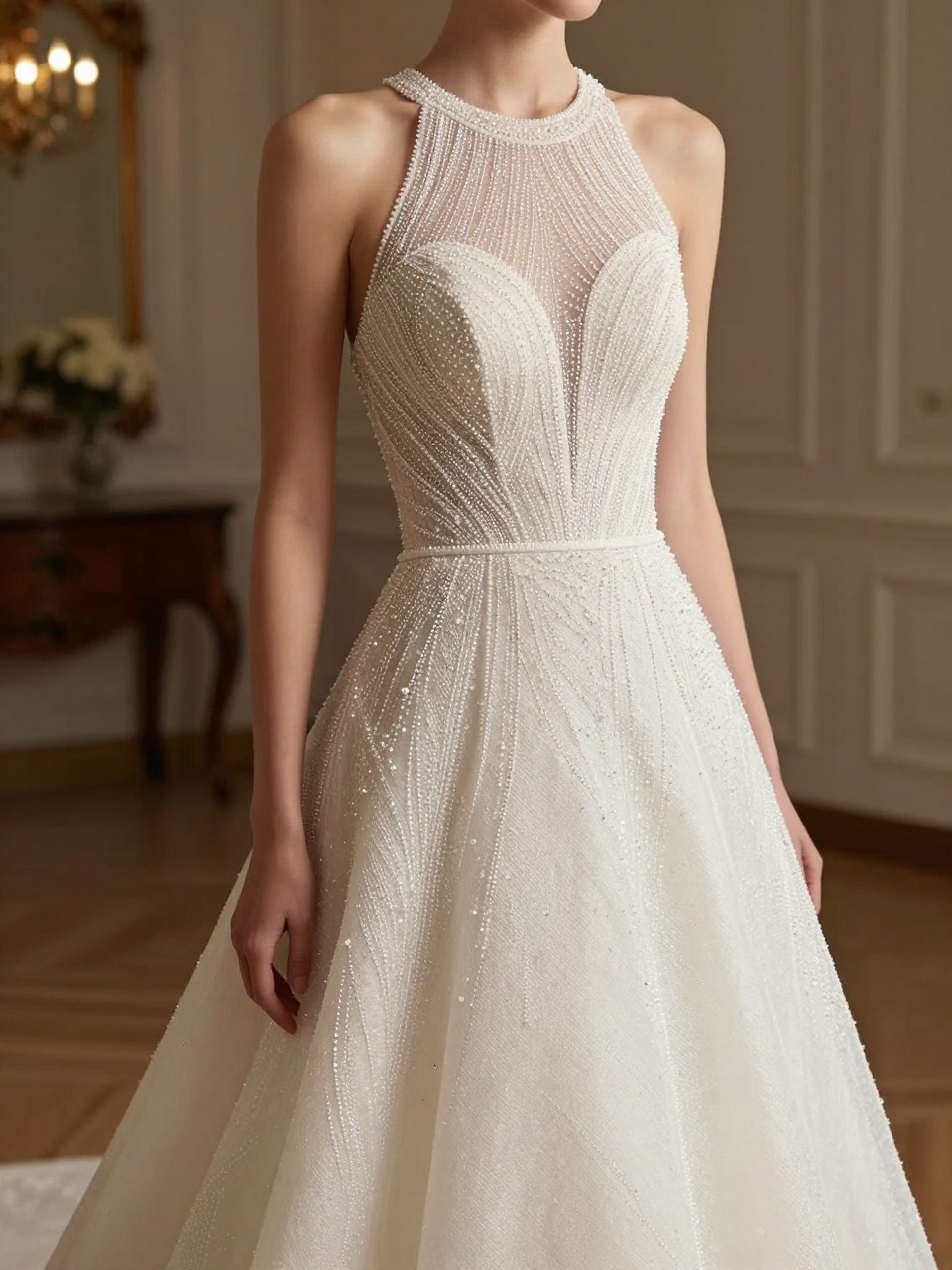 Image Prompt: A sophisticated bridal editorial photo of a beaded halter neck wedding dress in a luxury reception venue or refined bridal studio. Show the bride from the neck down only, or from a rear three-quarter angle so the face is fully hidden. The gown has a halter neckline, delicate beadwork across the bodice, a fitted waist, and a soft full-length skirt or slim column silhouette. Use warm editorial lighting, realistic bead texture, polished wedding magazine styling, no visible face, no text, no watermark. (no watermarks on images)