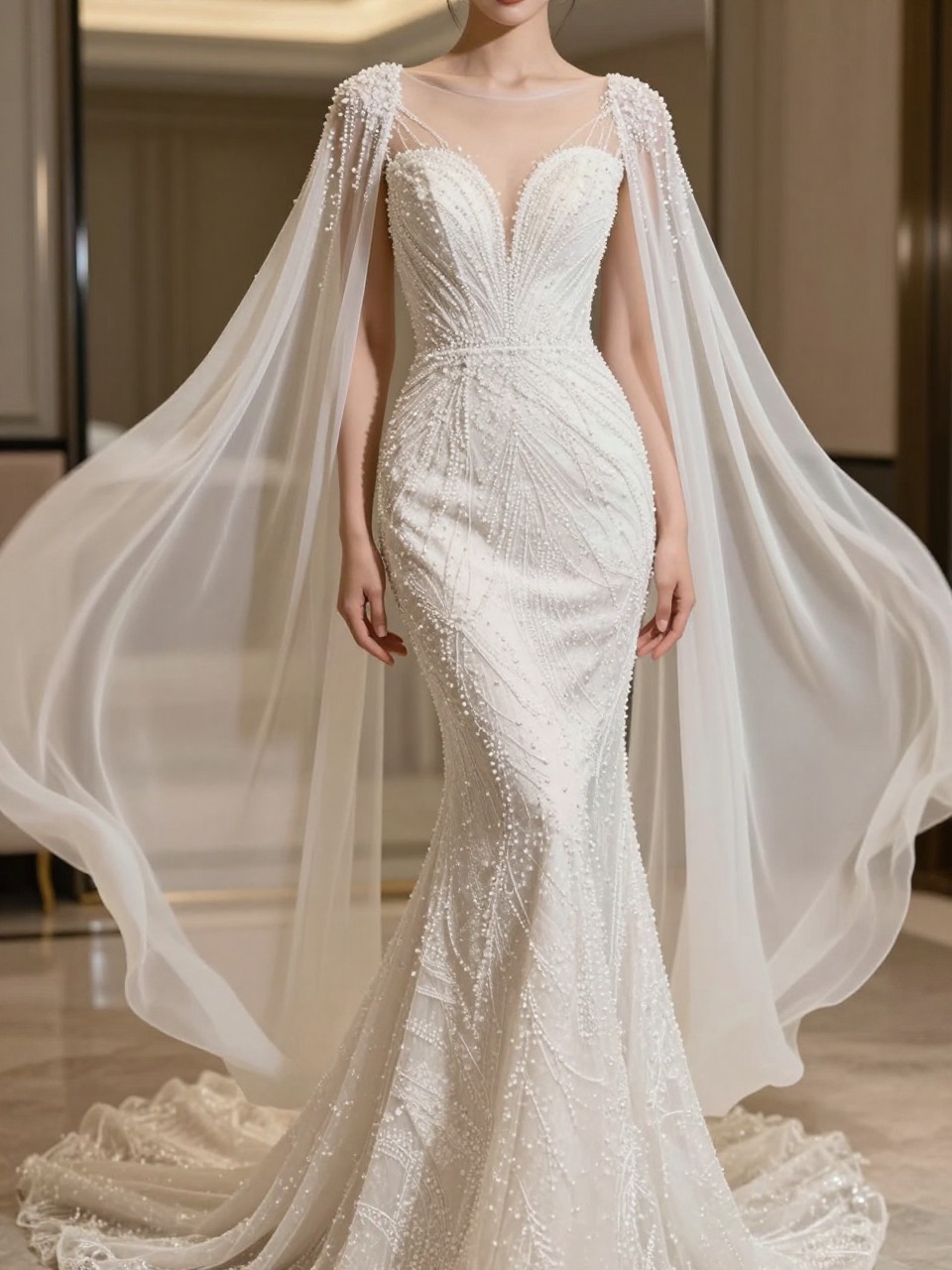 Image Prompt: A sophisticated bridal editorial photo of a beaded mermaid wedding dress with a floating cape, set in an elegant indoor venue or luxury bridal studio. Show the bride from the neck down or from behind with the face fully hidden. The gown has a fitted mermaid silhouette, delicate beadwork concentrated on the bodice, and a soft flowing cape attached at the shoulders that moves gracefully behind the dress. Use soft warm light, realistic beading and fabric texture, polished luxury bridal styling, no visible face, no text, no watermark. (no watermarks on images)