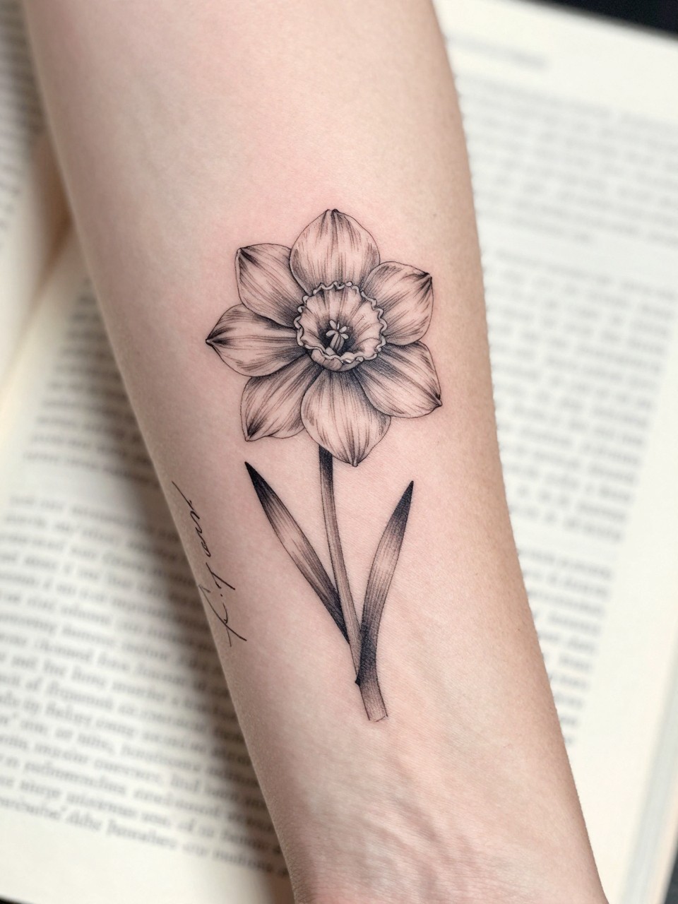 Image Prompt: "Close-up of a narcissus flower tattoo with tiny handwritten name script on the inner forearm, black ink fine line floral design, delicate petals, soft shading, elegant cursive detail, realistic skin texture, book page underneath the arm, feminine soft lifestyle context, clean background, tattoo-centered inspiration photo (no watermarks on images)"