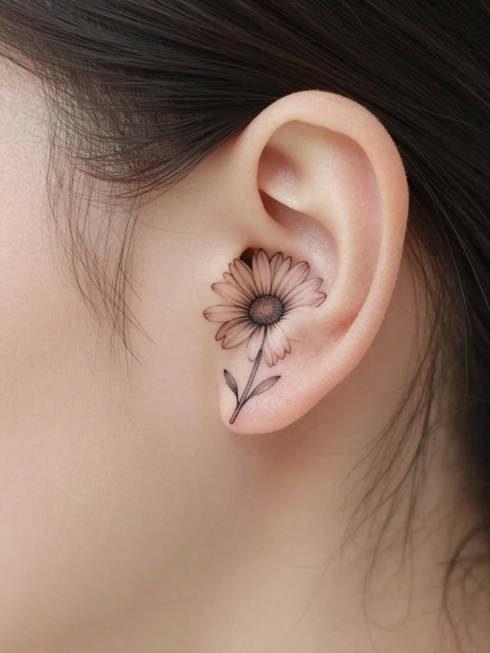 Image Prompt: "Extreme close-up of a small daisy flower tattoo behind the ear, fine line black ink floral design with open petals and soft shading, realistic skin texture, a few loose hair strands framing the placement, minimal feminine styling, tight crop, clean soft background, tattoo is the hero of the image (no watermarks on images)"
