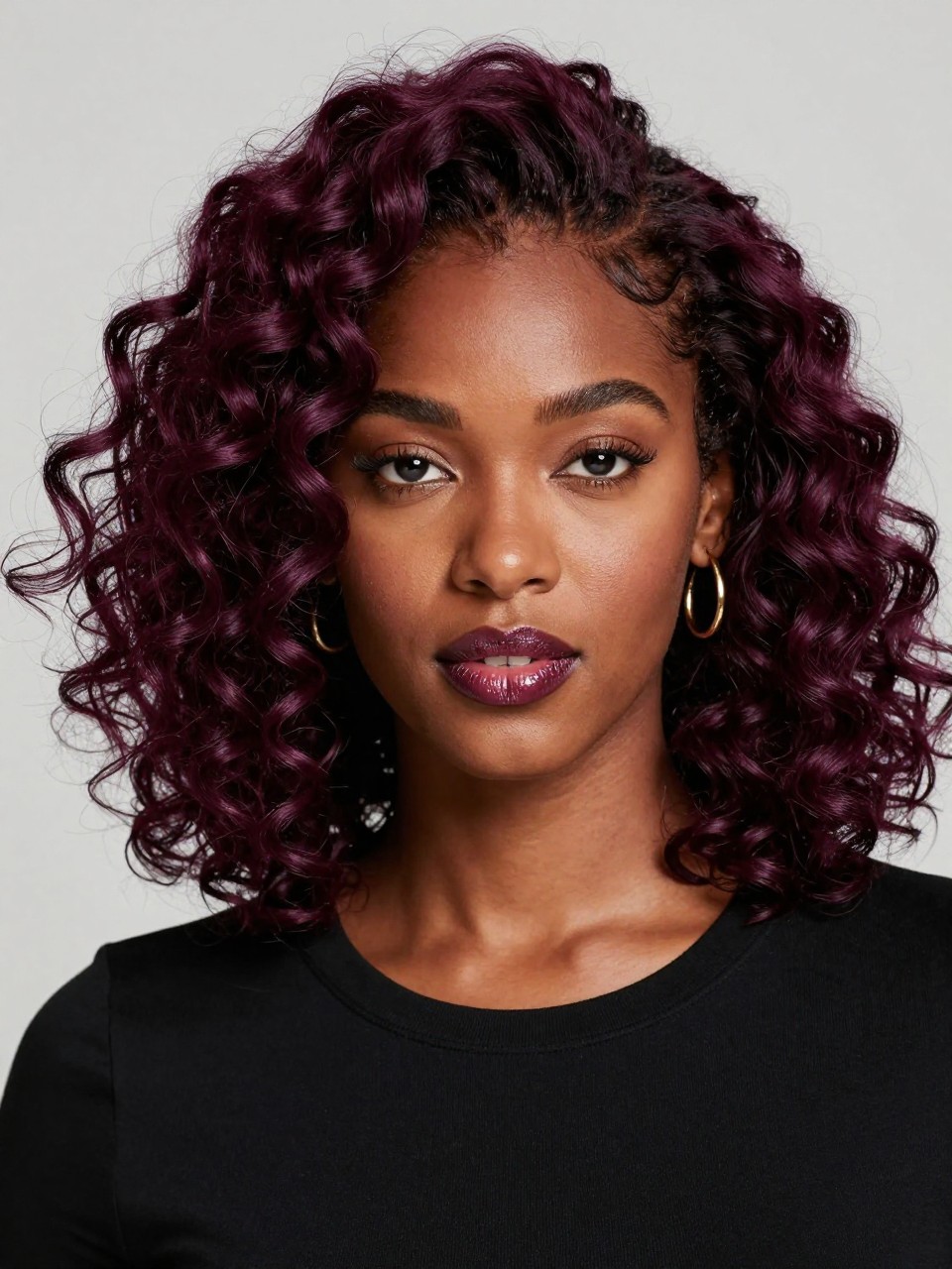 Image Prompt: A beautiful Black woman with shoulder-length natural curls dyed deep plum, rich dark purple-red hair color with soft shine, defined spiral curls with healthy volume, deep brown skin, softly shaped brows, glossy berry-toned lips, subtle bronzed makeup, small gold hoop earrings, fitted black top, clean neutral studio background, soft diffused lighting, close-up beauty editorial portrait, realistic DSLR photo, crisp curl texture, detailed rich plum color, no text, (no watermarks on images)