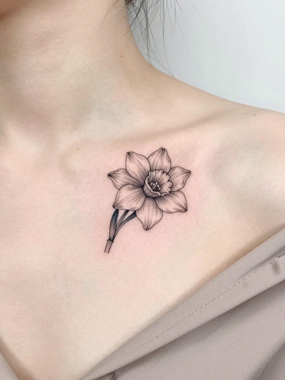 Image Prompt: "Design-focused close-up of a small narcissus flower tattoo on the collarbone, black ink fine line design with delicate petals, soft shading, realistic skin texture, silk blouse neckline barely visible, feminine clean composition, close-up tattoo visibility, soft minimal background, tattoo is the clear hero (no watermarks on images)"