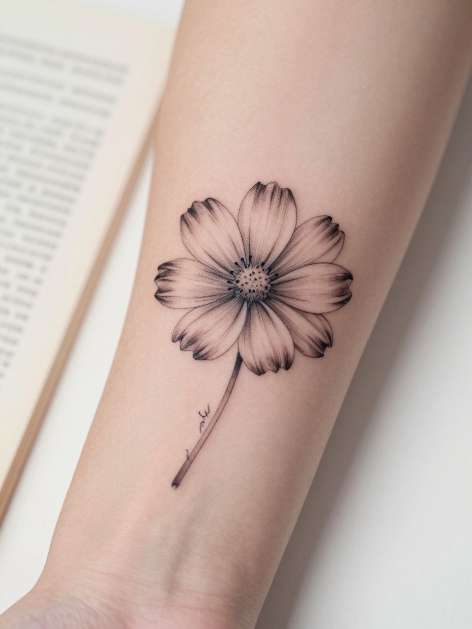 Extreme close-up of a cosmos flower tattoo with tiny handwritten name script on the inner forearm, black ink fine line floral design, delicate petals, soft shading, elegant cursive detail, realistic skin texture, book page underneath the arm, feminine soft lifestyle context, clean background, tattoo-centered inspiration photo (no watermarks on images)