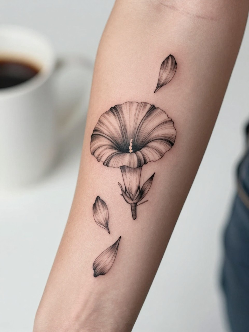 Image Prompt: "Extreme close-up of a morning glory tattoo with a few falling petals on the forearm, black ink fine line floral design, delicate petal movement, soft shading, realistic skin texture, coffee cup softly blurred nearby, modern feminine tattoo inspiration image, minimal background, tattoo-centered composition (no watermarks on images)"