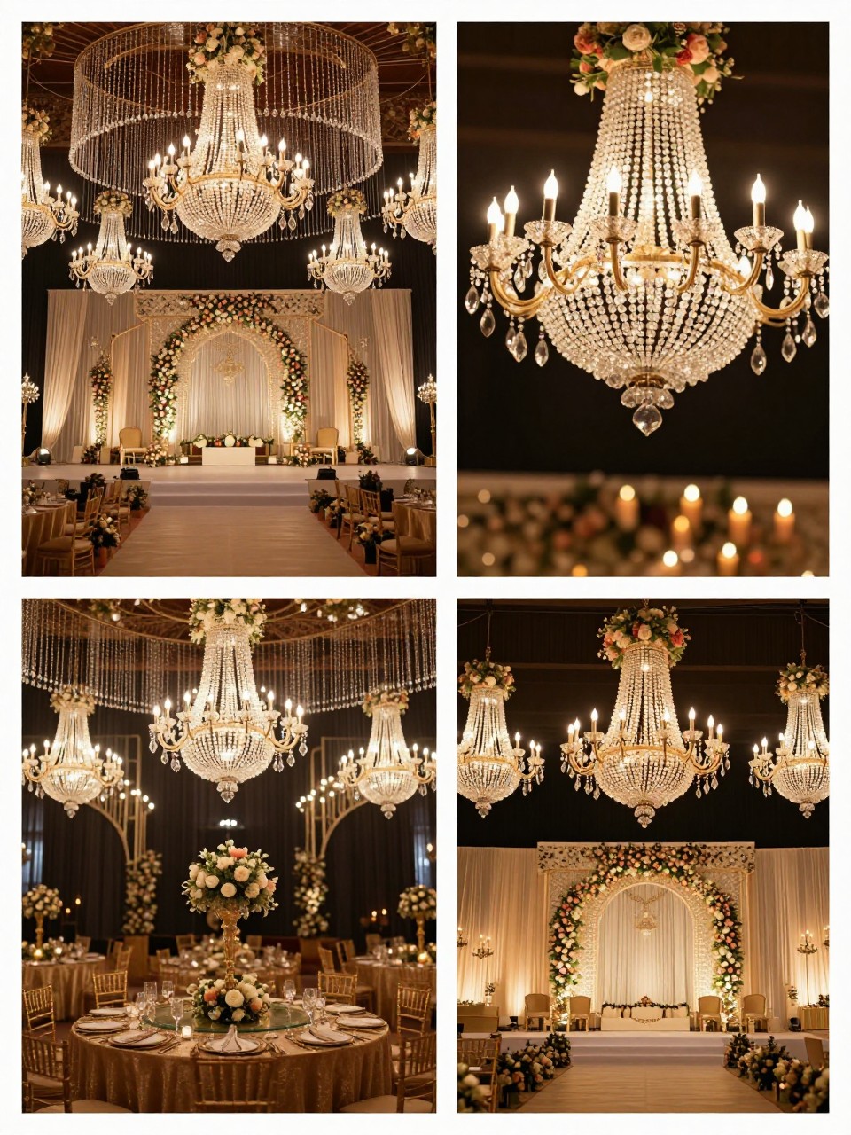 A professional 4-grid wedding decor collage showing royal Indian wedding chandelier decor, top-left image featuring a grand wedding hall with crystal chandeliers above a decorated stage, top-right image showing close-up sparkling chandelier details with floral accents, bottom-left image showing dining tables under elegant lighting, bottom-right image showing a stage backdrop glowing under layered chandeliers and candles, luxury Indian wedding setting, dramatic warm lighting, no faces, no watermarks on images.