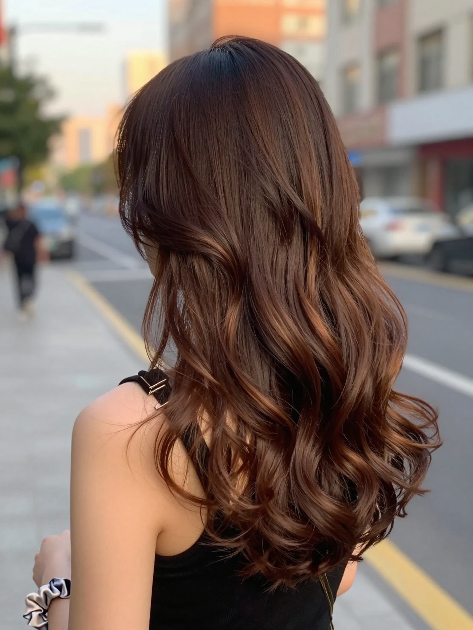 Photo of a woman wearing deep walnut brown hair with subtle warm ends styled in loose soft curls, back-of-head view to highlight the darker roots and warmer ends, softly blurred city street background, golden hour glow, with a hair clip clipped to her collar and a silk scrunchie on her wrist, latest iPhone photo quality.