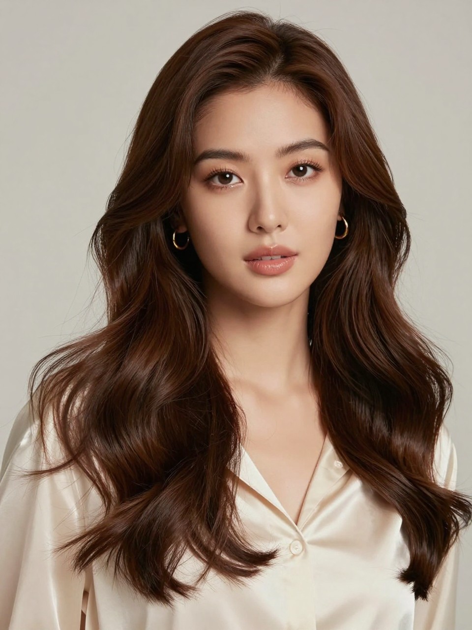 Image Prompt: A gorgeous Asian woman with tan skin and long chocolate brown wavy hair, rich medium-dark brown shade with soft warm undertones, center part, loose glossy waves, smooth healthy shine, fresh natural makeup, glossy nude lips, small gold hoop earrings, cream satin blouse, clean neutral studio background, soft diffused lighting, realistic DSLR beauty editorial portrait, detailed brunette shine and smooth wave texture, no text, (no watermarks on images)