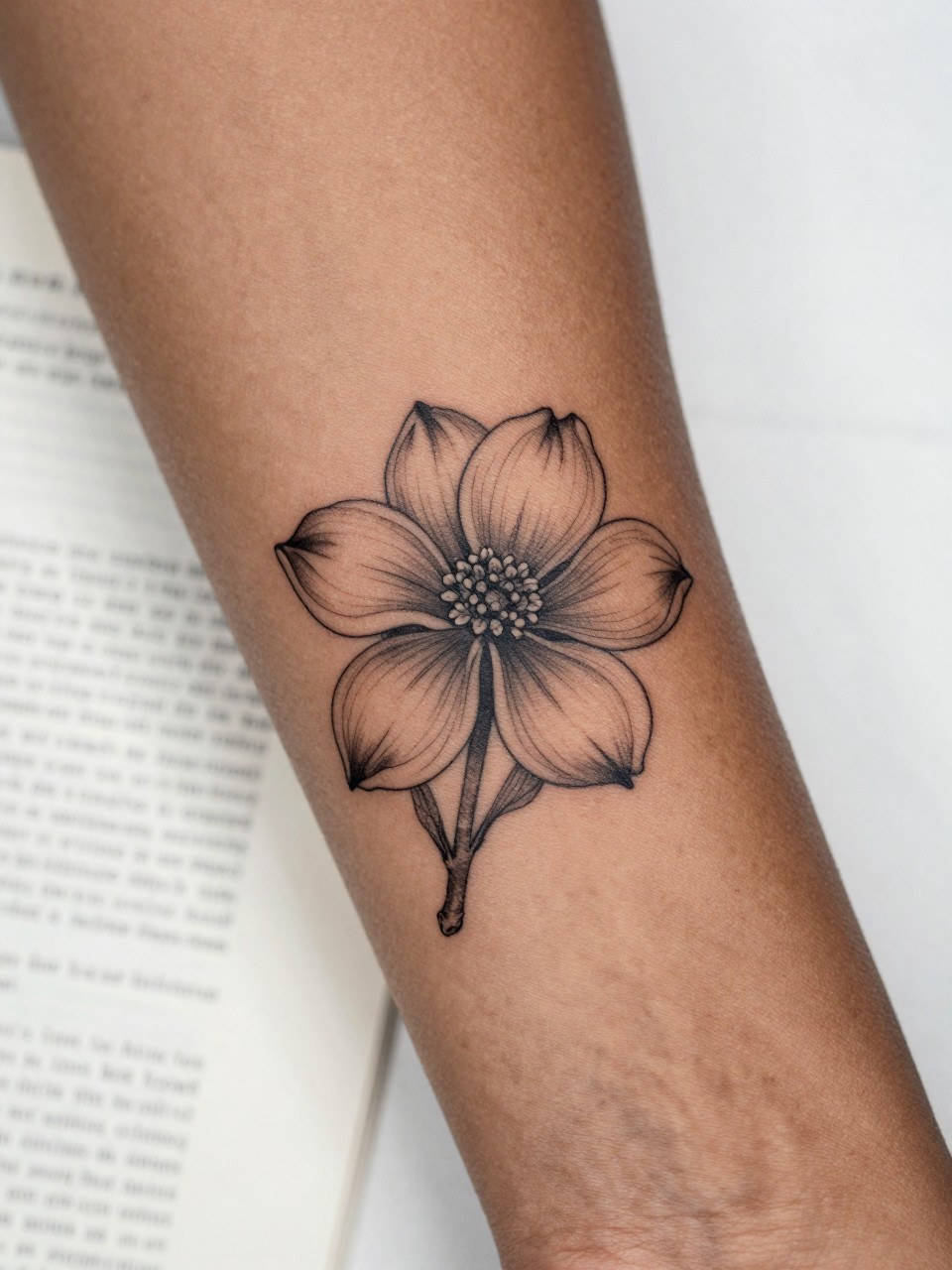 Image Prompt: "Close-up of a dogwood flower tattoo with tiny handwritten name script on the inner forearm of a black woman, black ink fine line floral design, delicate rounded petals, soft shading, elegant cursive detail, realistic skin texture, book page underneath the arm, feminine soft lifestyle context, clean background, tattoo-centered inspiration photo (no watermarks on images)"