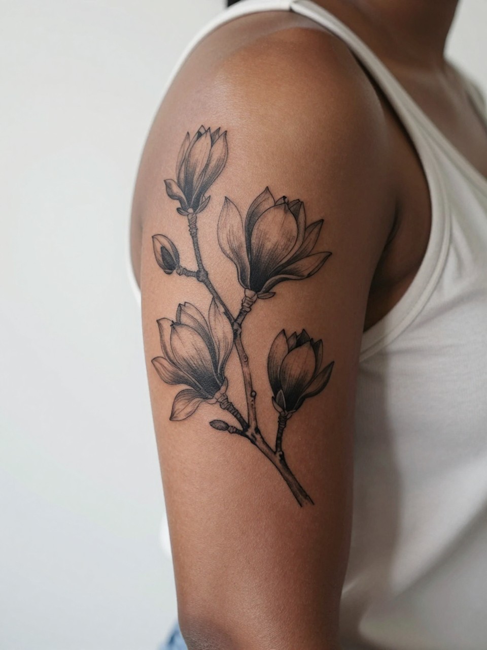 Image Prompt: "Close-up of a magnolia branch tattoo on the upper arm of a black woman, black ink floral design with fine line branch, soft open blooms, and soft grey shading, medium-size composition, realistic skin texture, sleeveless blouse edge softly visible, modern feminine tattoo inspiration image, minimal clean background, tattoo dominates the image (no watermarks on images)"