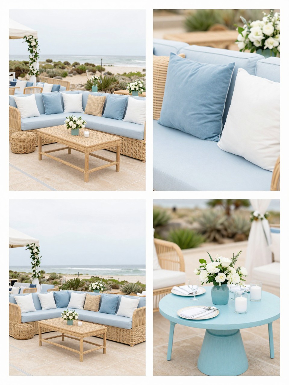 A professional 4-grid wedding decor collage showing a coastal blue wedding lounge area, top-left image featuring a lounge setup with pale blue sofas, white cushions, woven accents, and small floral arrangements, top-right image showing close-up blue pillows, rattan details, and white flowers, bottom-left image showing the lounge placed near a beach or outdoor terrace venue, bottom-right image showing a matching blue cocktail table setup with candles and flowers, coastal wedding decor, bright natural light, no faces, no watermarks on images.