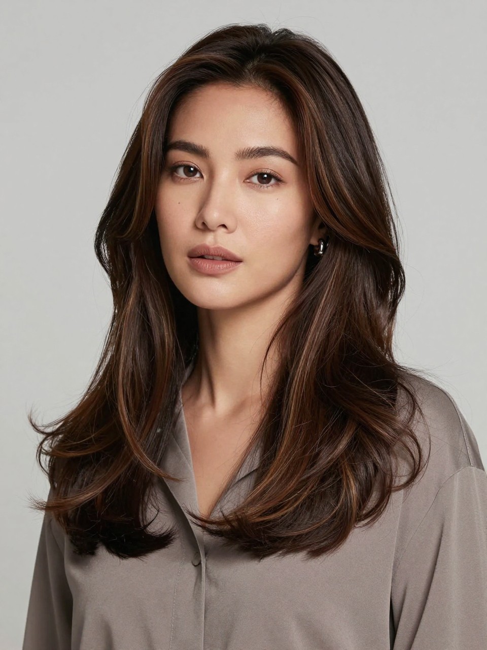 Image Prompt: A stylish Asian woman with tan skin and dark brown hair with mushroom brown highlights, cool taupe-brown and muted beige-brown pieces placed through the lower layers and around the face, loose waves with shine, neutral soft makeup, nude matte lips, small silver earrings, gray blouse, clean studio background, soft cool lighting, realistic DSLR beauty portrait, detailed cool brown highlight contrast, no text, (no watermarks on images)