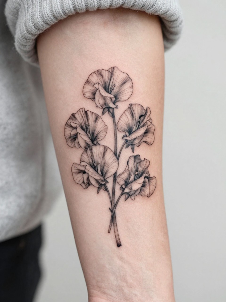 Image Prompt: "Extreme close-up of a small sweet pea bouquet tattoo on the forearm, black ink fine line floral design with multiple delicate blooms, curled tendrils, soft shading, elegant stem arrangement, realistic skin texture, neutral manicure, soft knit fabric slightly visible, design-focused tattoo inspiration photo, clean minimal background (no watermarks on images)"