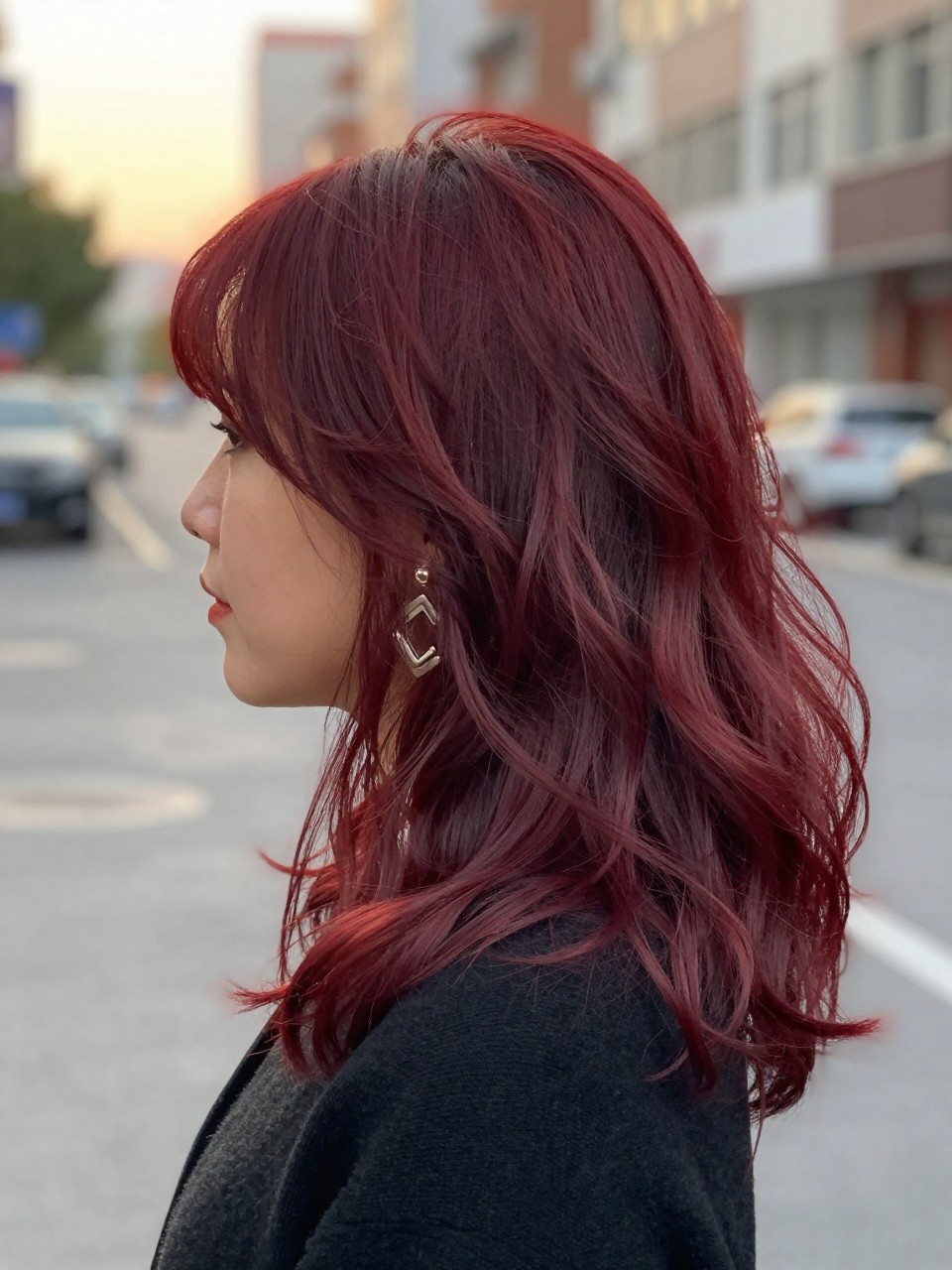 Photo of a woman wearing cherry red hair with soft black roots in loose brushed waves, side profile view, softly blurred city street background, golden hour glow, with statement earrings peeking through and a hair clip clipped to her collar, latest iPhone photo quality.