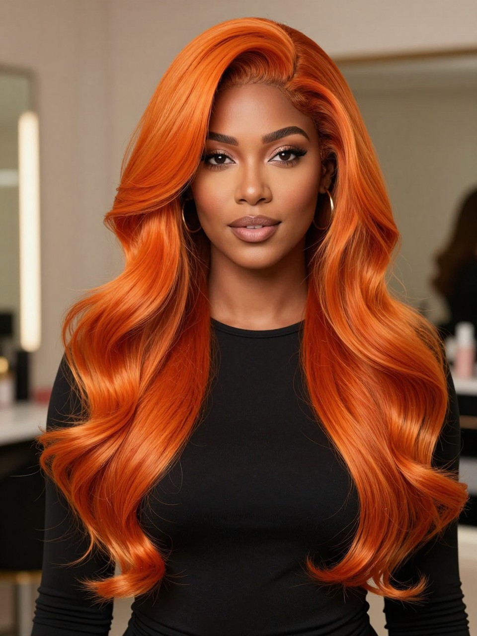 Image Prompt: A bold woman wearing a long bright orange fox tail wig, dark auburn roots blending into vivid orange lengths and golden copper ends, soft layered waves, natural-looking hairline, deep brown skin, smooth soft glam makeup, gold earrings, fitted black top, luxury beauty studio setting, soft warm lighting, realistic editorial portrait, detailed wave texture and bright orange-copper color, no text, (no watermarks on images)
