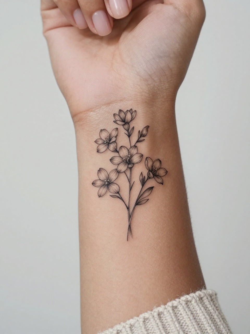 Image Prompt: "Extreme close-up of a fine line sampaguita flower tattoo on the inner wrist of dark skin , delicate black ink floral design with tiny jasmine-like star-shaped blooms, subtle grey shading, minimalist feminine style, realistic skin texture, neutral manicure, soft knit sweater sleeve slightly visible, design-focused close-up, clean soft background, modern tattoo inspiration photo, tattoo is the clear main subject (no watermarks on images)"