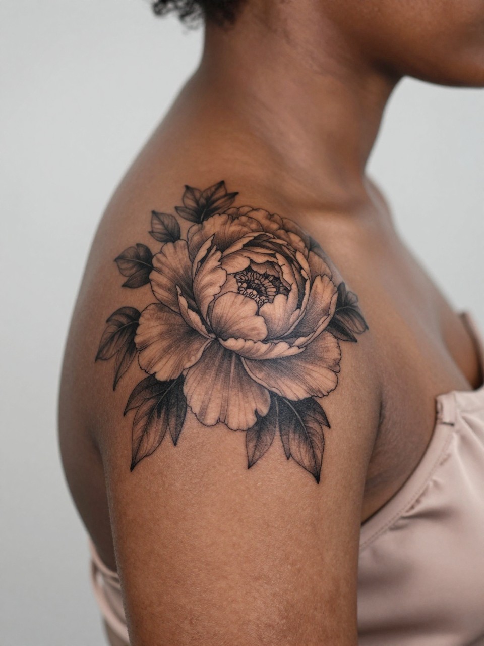 Image Prompt: "Close-up of a peony flower tattoo on the shoulder blade of black feminine woman, black and grey ink floral design with layered petals, soft shading, medium-size elegant composition, realistic skin texture, silk strap softly visible, feminine lifestyle-inspired tattoo image, minimal clean background, tattoo dominates the frame (no watermarks on images)"