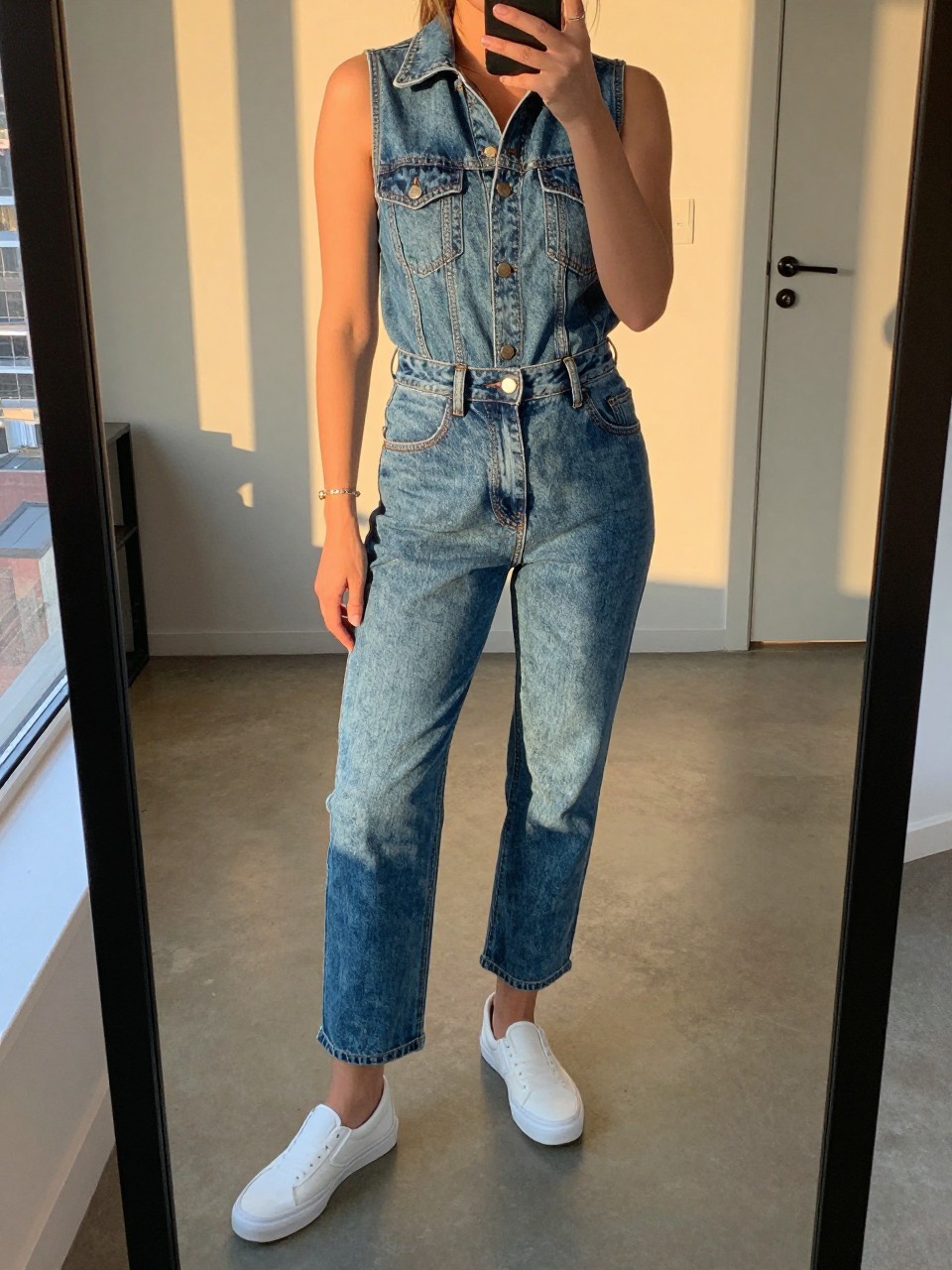 iPhone mirror selfie of a woman in a denim jumpsuit, stepping into slip-on sneakers, cropped at NECK so face doesn't show, in a city apartment, evening golden hour, iPhone photo quality.