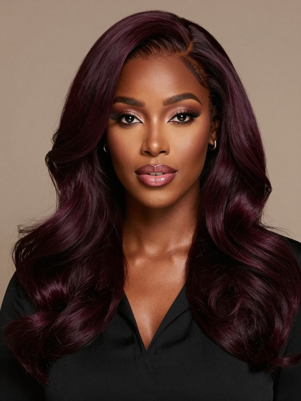 Image Prompt: A stunning black woman with neutral skin tone and long deep plum brown hair, dark brown base with soft plum-purple undertones, loose polished waves, berry-toned makeup, glossy lips, small gold earrings, black blouse, clean moody studio background, soft warm lighting, realistic DSLR beauty editorial portrait, detailed plum brunette color depth and shine, no text, (no watermarks on images)