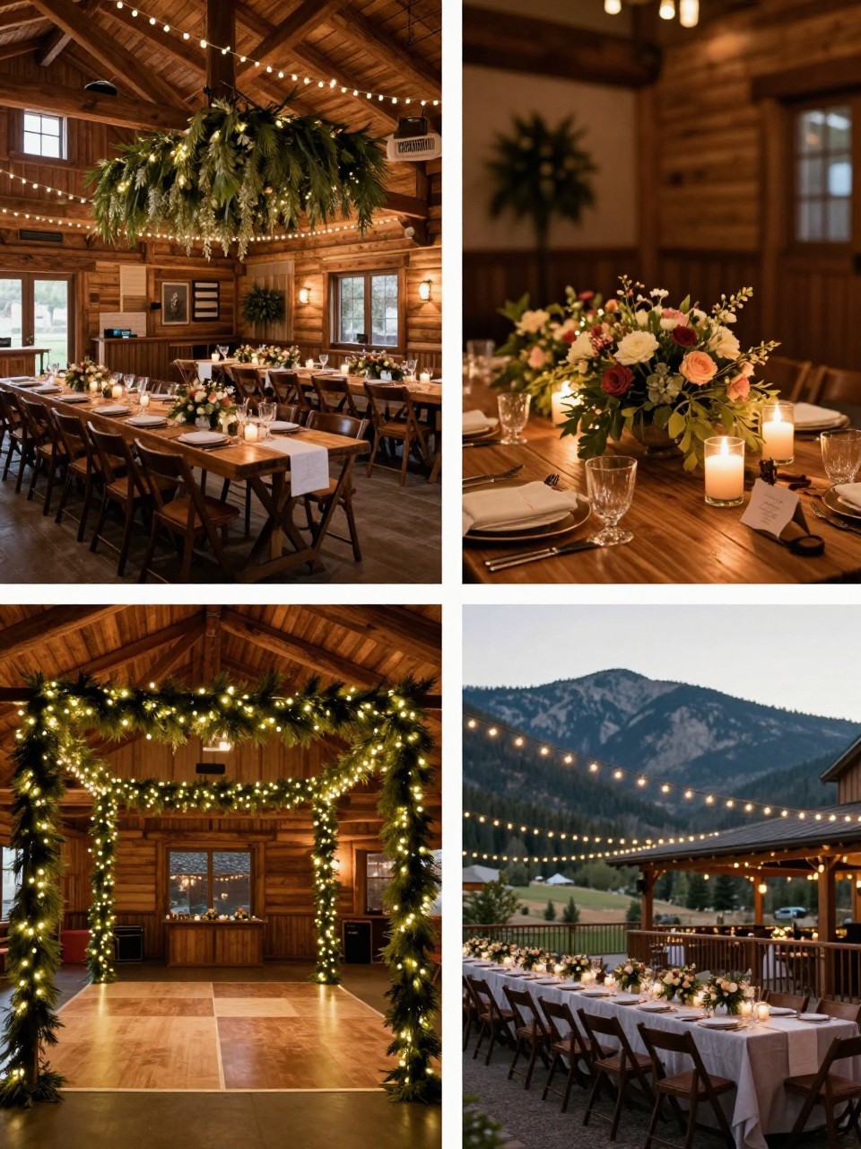 A professional 4-grid wedding decor collage showing Rocky Mountain lodge wedding decor with string lights, top-left image featuring a lodge reception room with string lights, wooden beams, greenery, and long tables, top-right image showing close-up warm lights above floral table decor, bottom-left image showing a dance floor framed by lights and pine garlands, bottom-right image showing an outdoor patio reception with mountain views and glowing string lights, cozy wedding decor, no faces, no watermarks on images.