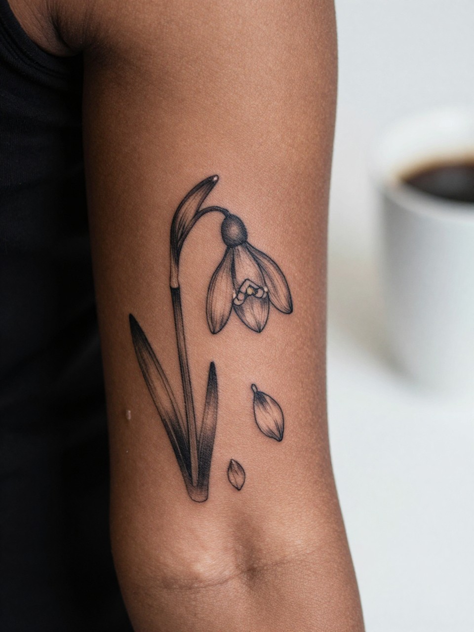 Image Prompt: "Extreme close-up of a snowdrop tattoo with a few falling petals on the forearm of a black woman, black ink fine line floral design, delicate petal movement, soft shading, realistic skin texture, coffee cup softly blurred nearby, modern feminine tattoo inspiration image, minimal background, tattoo-centered composition (no watermarks on images)"