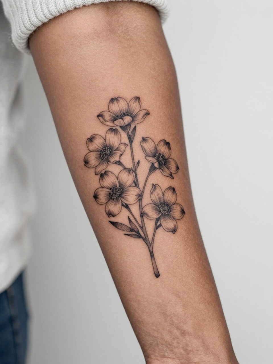 Image Prompt: "Extreme close-up of a small dogwood bouquet tattoo on the forearm of a black woman, black ink fine line floral design with multiple delicate blooms, soft shading, elegant stem arrangement, realistic skin texture, neutral manicure, soft knit fabric slightly visible, design-focused tattoo inspiration photo, clean minimal background (no watermarks on images)"