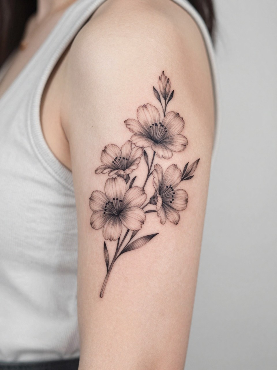 Image Prompt: "Close-up of an aster tattoo on the upper arm, black ink floral design with fine line narrow petals and soft grey shading, medium-size composition, realistic skin texture, sleeveless blouse edge softly visible, modern feminine tattoo inspiration image, minimal clean background, tattoo dominates the image (no watermarks on images)"