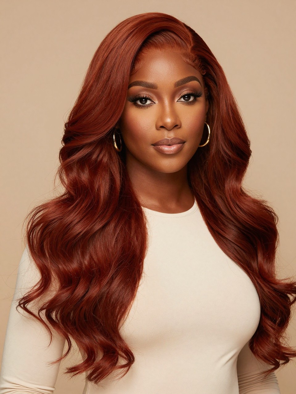 Image Prompt: A beautiful Black woman wearing a long cinnamon red wig, soft layered waves, warm red-brown cinnamon color, natural-looking hairline, deep brown skin, smooth soft glam makeup, gold earrings, fitted cream top, luxury beauty studio setting, soft warm lighting, realistic editorial portrait, detailed hair shine and wave texture, no text, (no watermarks on images)