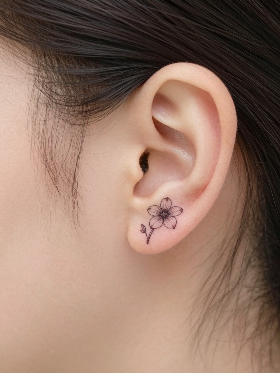 Image Prompt: "Macro shot of a tiny dogwood flower tattoo behind the ear, fine line black ink floral design with small rounded petals and soft shading, realistic skin texture, a few loose strands of hair framing the placement, minimal feminine styling, tight crop, soft clean background, tattoo-centered inspiration image (no watermarks on images)"