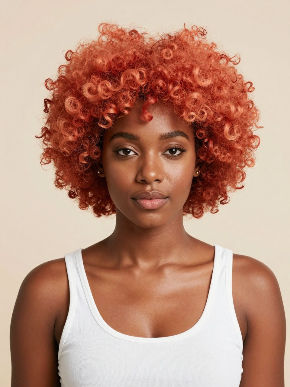 Image Prompt: A confident Black woman with a full rounded afro dyed strawberry ginger, warm soft orange-red hair color with peachy undertones, rich textured coils with soft pick-out volume, glowing deep brown skin, minimal clean makeup, small gold studs, white tank top, clean pastel studio backdrop, bright soft lighting, front-facing beauty editorial portrait, realistic DSLR image, sharp hair texture, no text, (no watermarks on images)