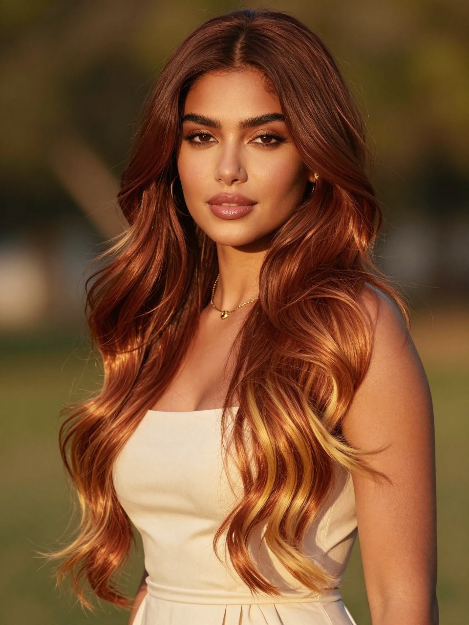 Image Prompt: A beautiful woman with long dark auburn hair and copper blonde fox tail ends, warm reddish-brown roots, copper mid-lengths, soft golden blonde tips, loose flowing waves, deep brown skin, soft glam makeup, glossy lips, gold jewelry, cream dress, warm outdoor golden-hour lighting, softly blurred natural background, realistic DSLR editorial portrait, detailed color transition, no text, (no watermarks on images)