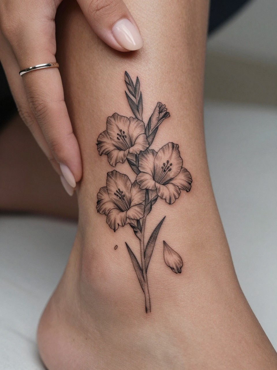 Image Prompt: "Macro shot of a micro gladiolus tattoo on dark skin on the ankle, black ink fine line floral design, Gladiolus With Falling Petals, minimalist tattoo style, realistic skin texture, delicate rings, neutral manicure, very tight crop, soft blurred background, feminine tattoo inspiration photo with tattoo as the main focus (no watermarks on images)"