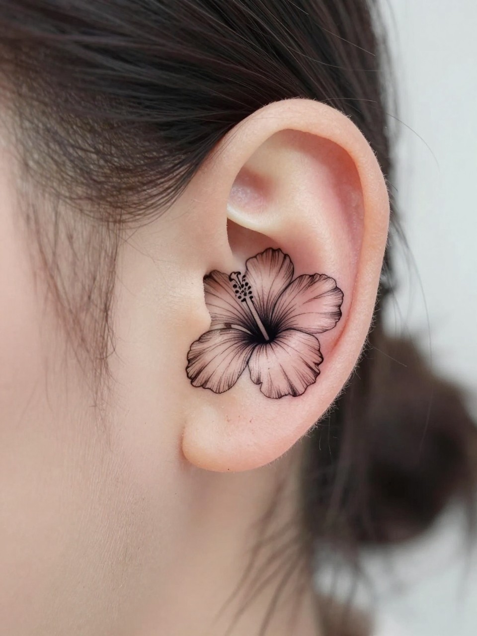 Image Prompt: "Macro shot of a tiny hibiscus flower tattoo behind the ear, black ink fine line floral design with soft open petals and light shading, realistic skin texture, a few loose hair strands framing the placement, minimal feminine styling, tight crop, clean soft background, tattoo-centered inspiration image (no watermarks on images)"