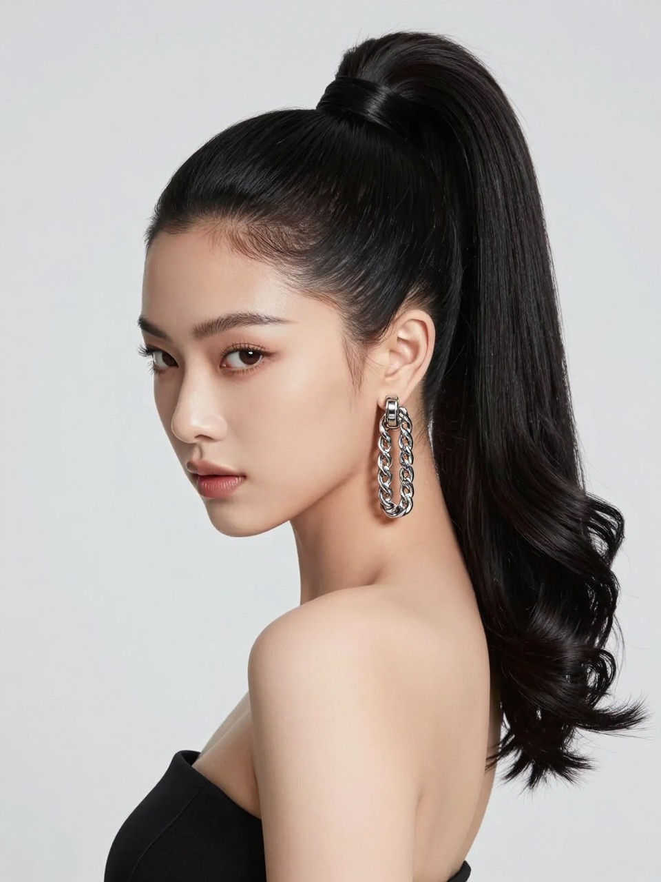 A photorealistic fashion beauty image showing a sleek high ponytail with curled ends, smooth laid edges, glossy black hair, dramatic double chain earrings connecting the ear to the side of the hairstyle, modern makeup, statement outfit, clean editorial background, high-fashion portrait, no text, no watermark, no watermarks on images.