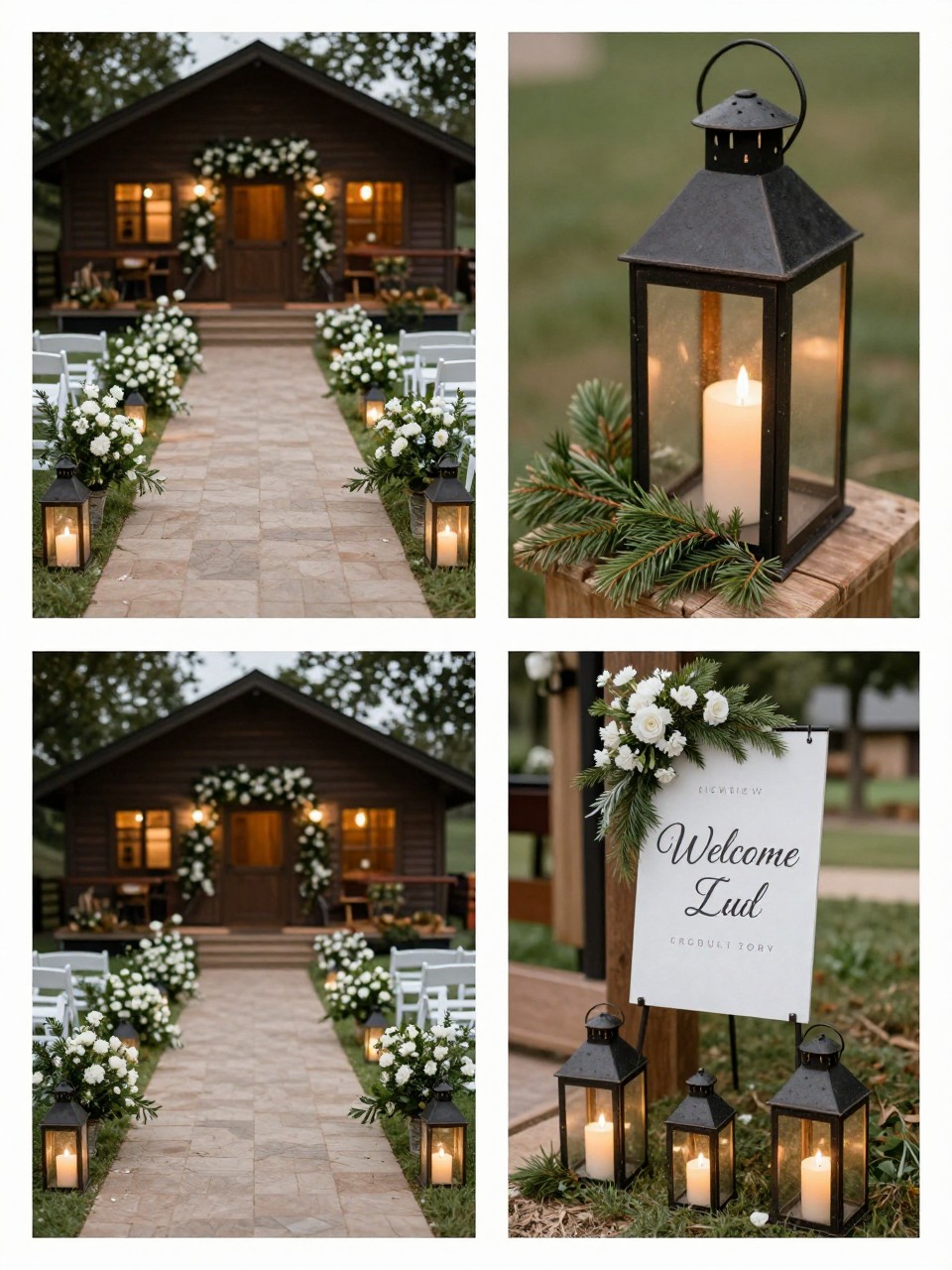 A professional 4-grid wedding decor collage showing a vintage lantern walkway for a cabin wedding, top-left image featuring a pathway leading to a cabin lined with vintage lanterns, greenery, and white flowers, top-right image showing close-up black metal lanterns with candlelight and pine sprigs, bottom-left image showing the walkway at dusk with warm cabin lights in the background, bottom-right image showing a welcome sign styled with matching lanterns and flowers, rustic romantic wedding entrance, no people, no faces, no watermarks on images.