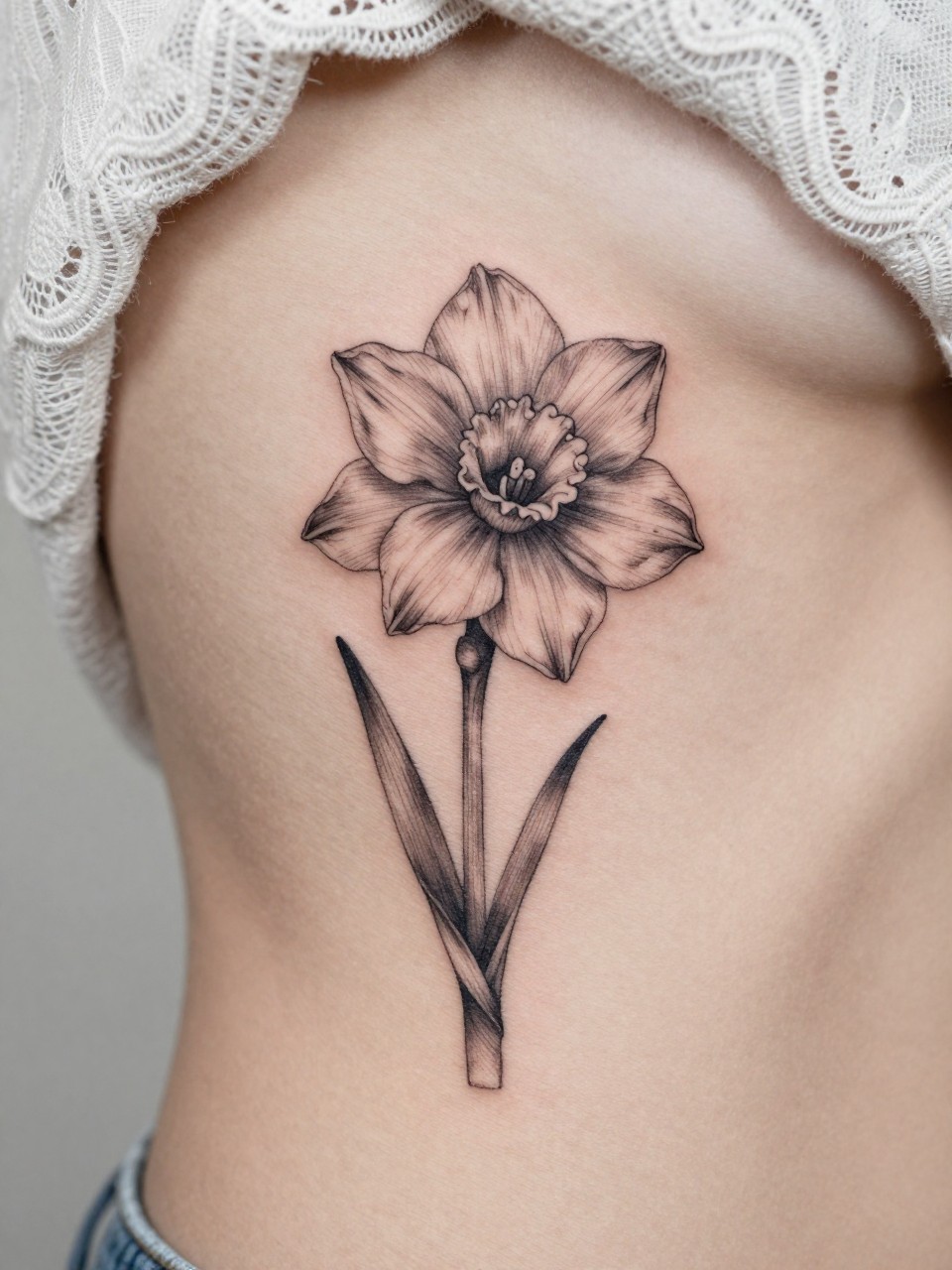 Image Prompt: "Design-focused close-up of a single narcissus stem tattoo on the ribcage, black ink fine line floral design, soft petal detail, light grey shading, realistic skin texture, lace fabric edge softly visible, feminine modern tattoo photo, minimal background, close-up tattoo visibility, tattoo dominates the frame (no watermarks on images)"