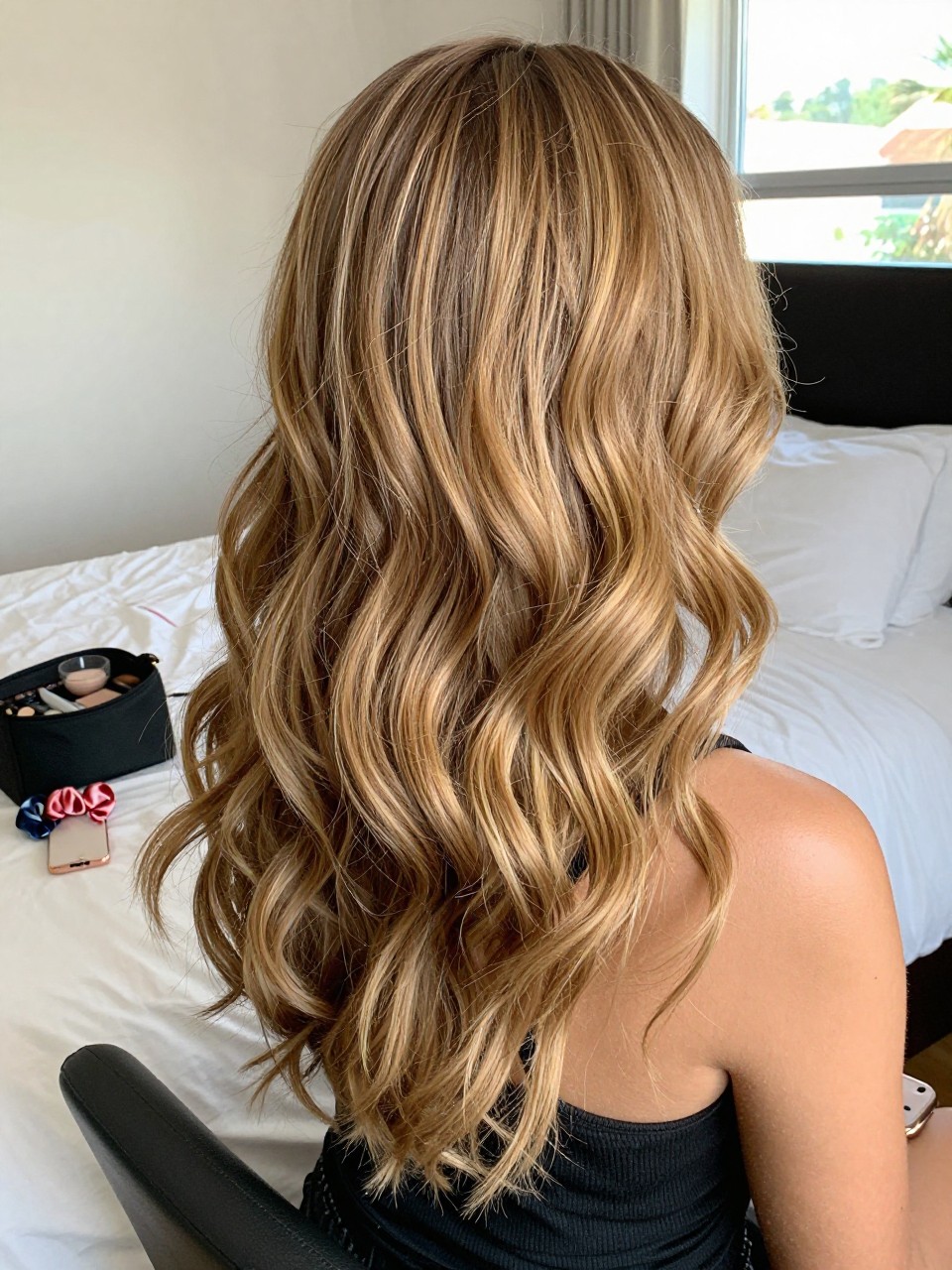 Photo of a brown woman wearing sandy blonde beachy waves, back-of-head view to show the soft color and texture, sun-drenched bedroom setting, natural window light, with a makeup bag nearby and a silk scrunchie on her wrist, latest iPhone photo quality.